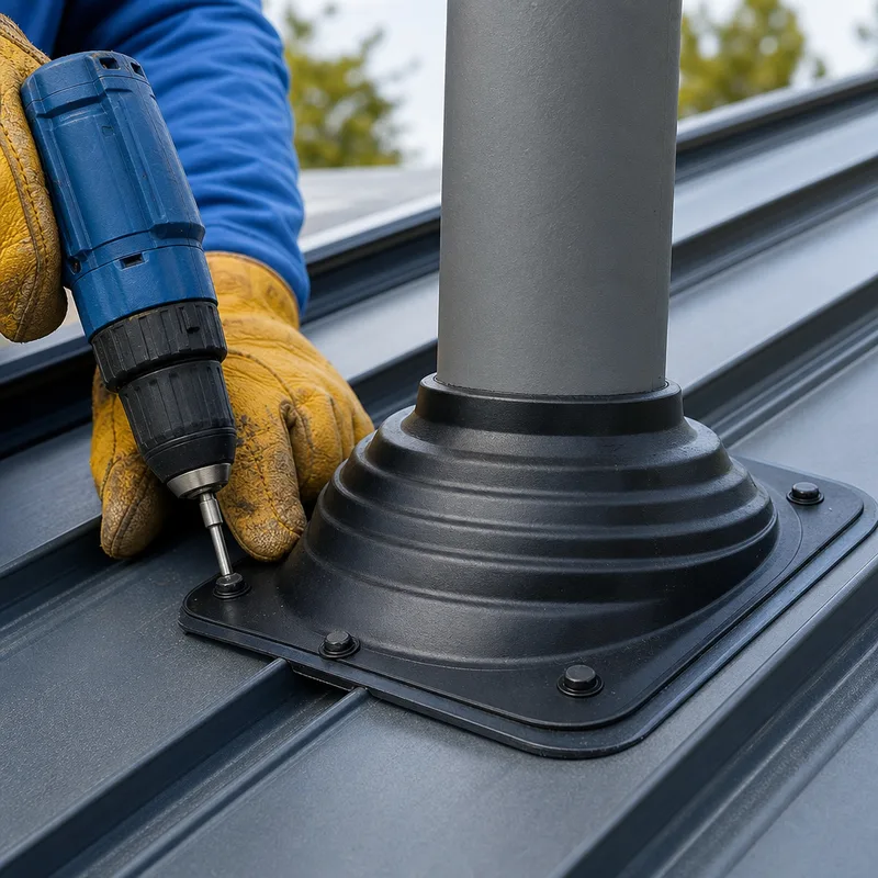 Pipe boot and flashing detail on a metal roof penetration with a tight seal and correct fastener placement