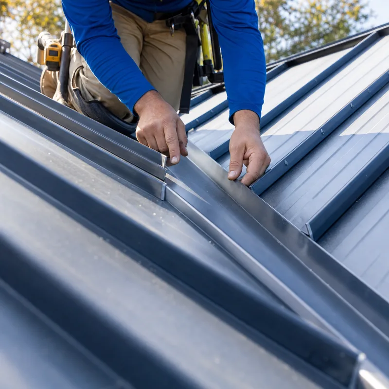 Metal roof valley detail with properly formed valley metal and neat panel terminations