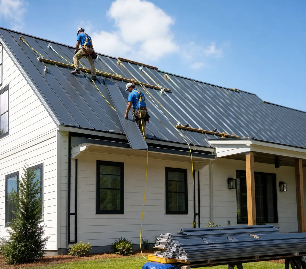 Metal roofing crew installing standing seam panels on a single-family home with fall protection and a clean staging area