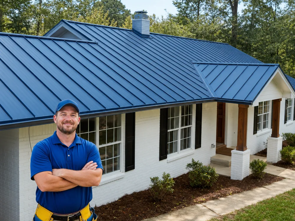 Finished standing seam metal roof on a single-story home with straight seams and clean ridge cap lines