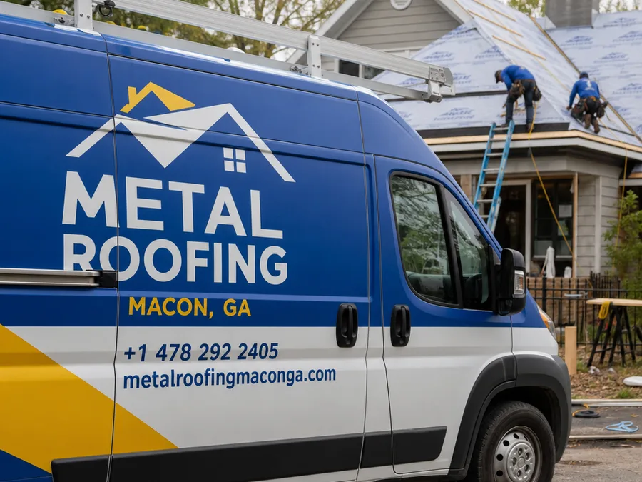 Crew installing underlayment and water protection at roof eaves before metal panels are installed