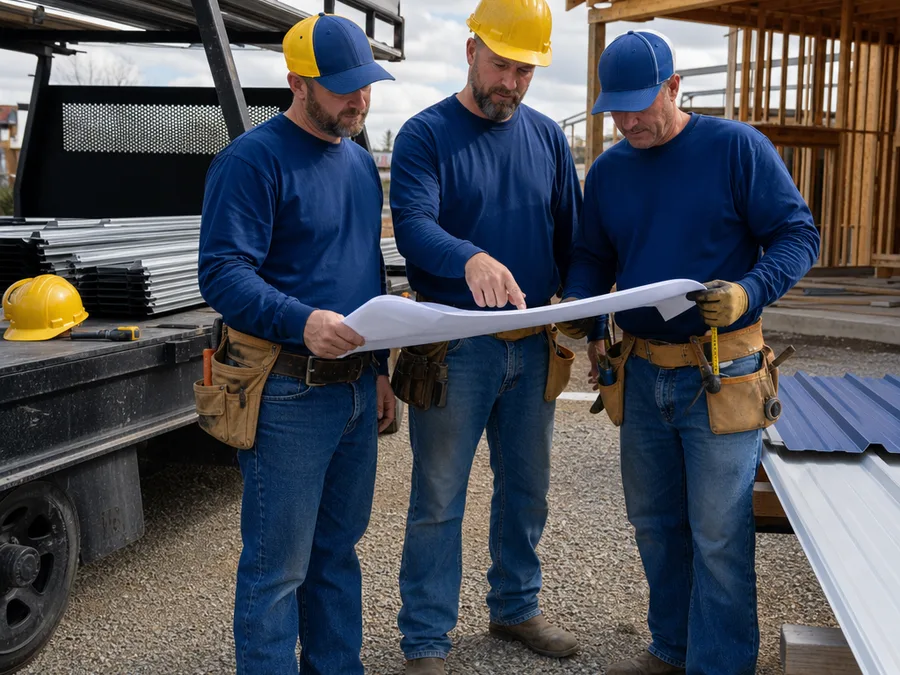 Roofing crew reviewing plans and measurements beside a work truck with metal panels staged safely